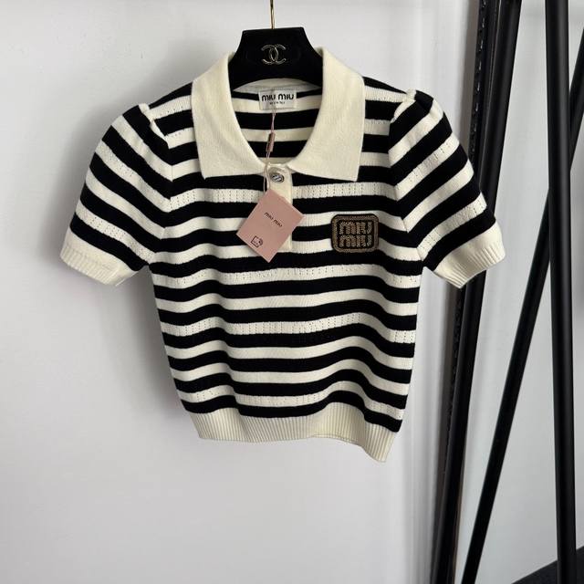 Style No. 20258408 Miumi* New Gold Thread Logo Embroidered Polo Collar Striped