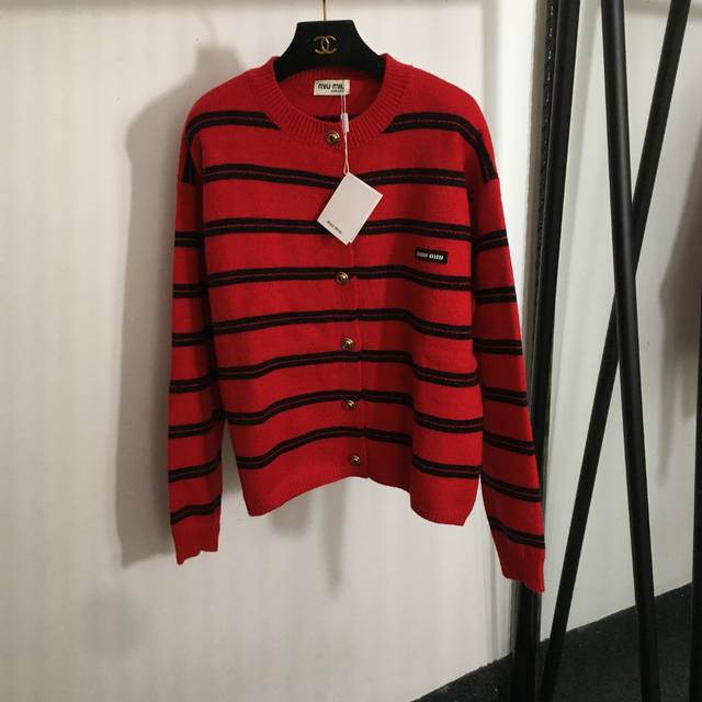 Style No. 8664 Miumi* New striped long-sleeved knit cardigan with logo patch on