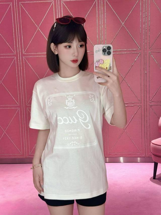 Gucc* 26Ss Early Spring New White Letter Print Crew Neck Short Sleeve T-Shirt |