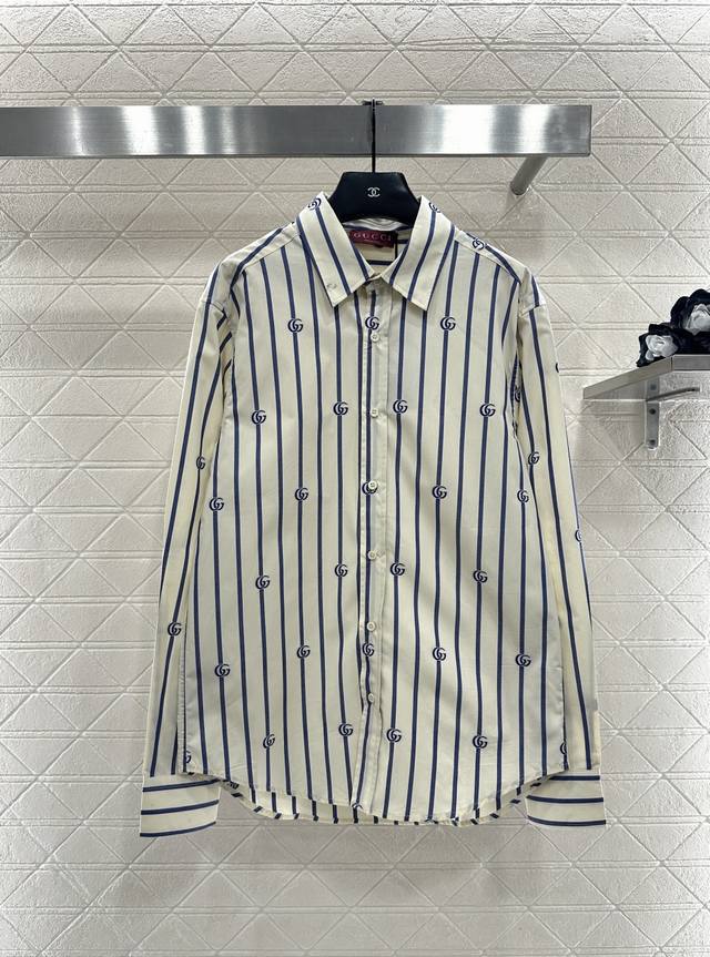 Gucc*2026 New Arrival: Striped Double G Collar Shirt. Made of custom Yb twill co