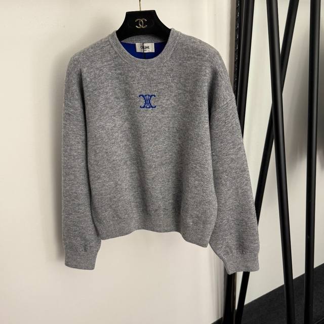 Style No. 20258410 Celin*New Logo Pullover Long-Sleeve Wool Knit Sweater, Grey,