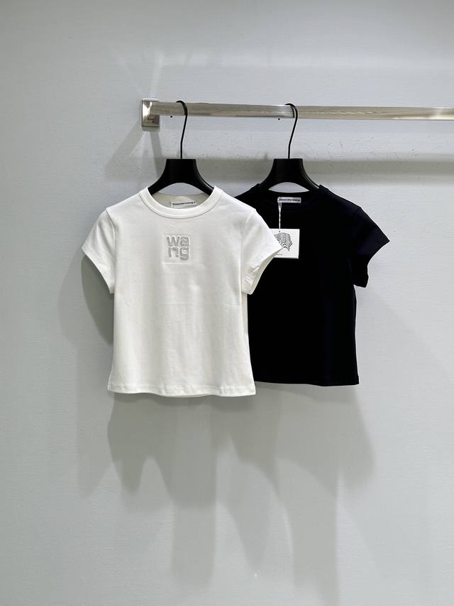 26Ss Early Spring New Arrival! Cotton plain knit fabric with rhinestone logo on