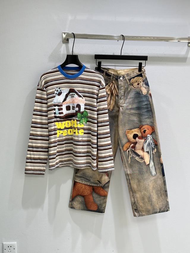 26Ss Early Spring New Arrival! Fur-trimmed snow-themed striped long-sleeved T-sh