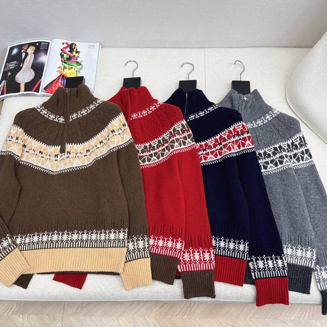 Rl 25Ss Autumn/Winter Newest Fair Isle Collection Knitted Stand Collar Sweater -