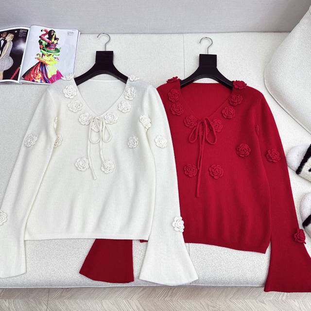 Exclusive item~Miu 25Ss Autumn/Winter Newest 3D Flower Decorated Knit Sweater. T