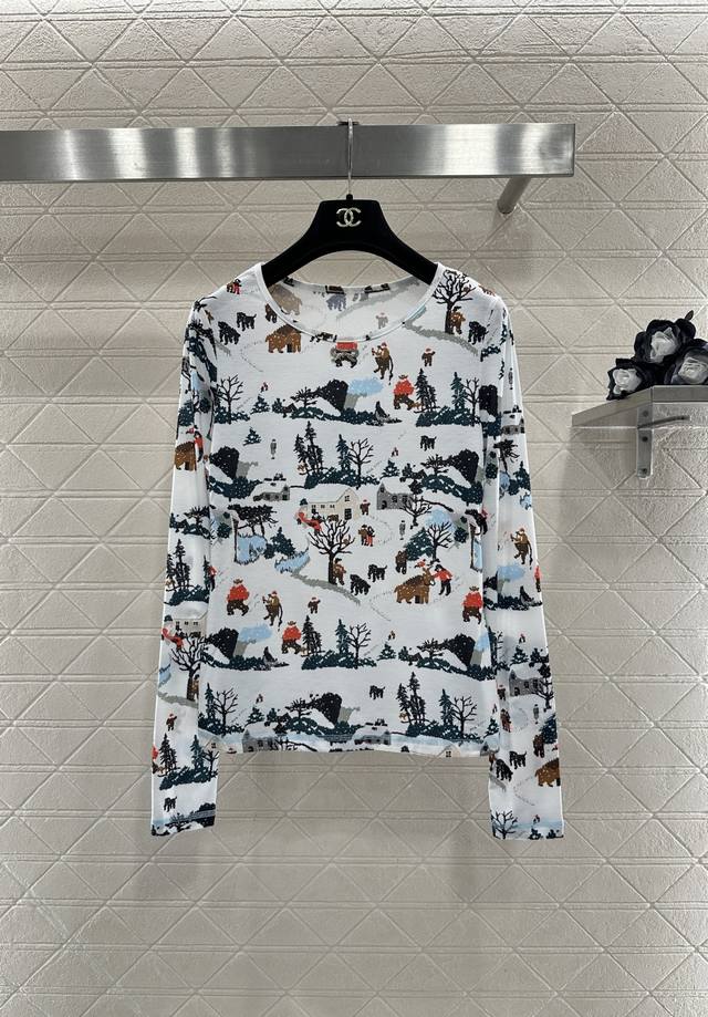 Chane*2025 New Arrival Crew Neck Ski Print Top 25Coco Christmas Ski Series #Cust