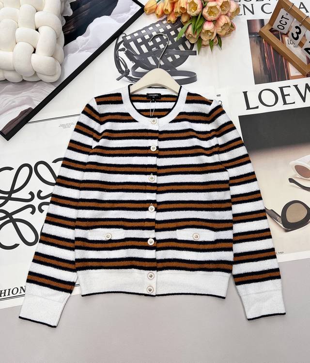 Chanel 2025 New Crew Neck Striped Knit Cardigan, made with custom Yb cotton yarn