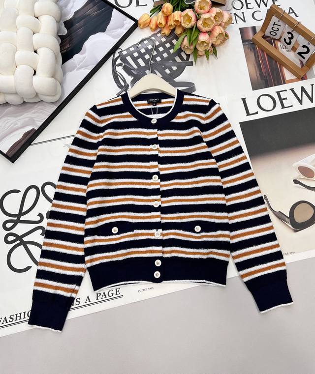 Chanel 2025 New Crew Neck Striped Knit Cardigan, made with custom Yb cotton yarn