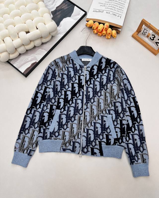 Dior 2025 New Knit Cardigan, Long Sleeve, All-over Iconic Dior Logo Jacquard, Ba