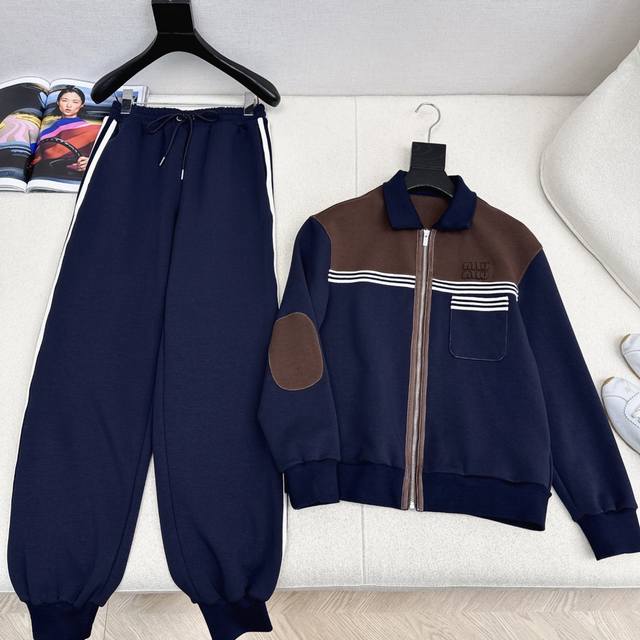 Miu 25Ss Fall/Winter Newest Patchwork Casual Set: Lapel Casual Jacket + Elastic