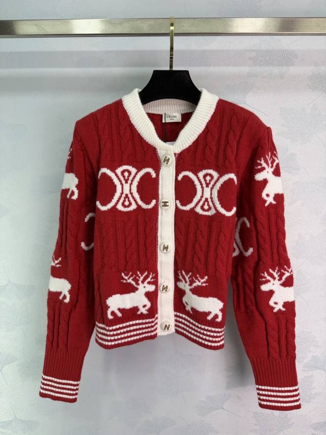 Celin*2025 Autumn/Winter New Color-Blocked Arc de Triomphe Crew Neck Knit Cardig