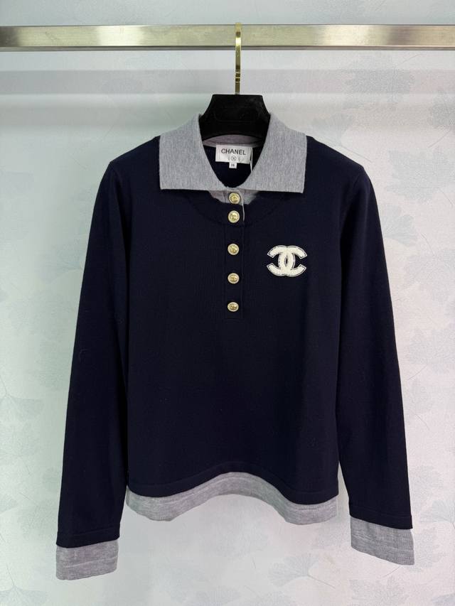 Ch*25 Autumn/Winter New Color-Blocked Knitted Polo Shirt, Dark Navy Blue + Gray