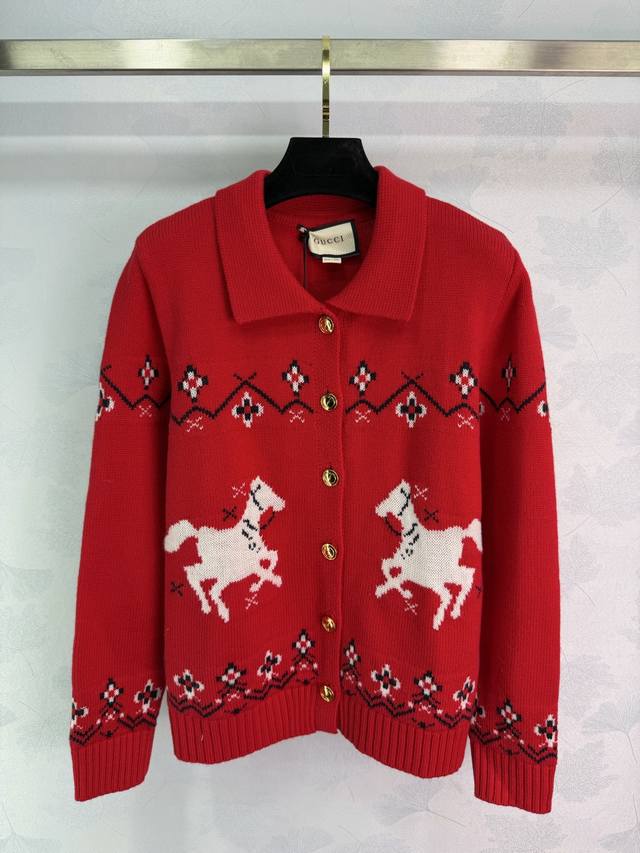 Gu*2025 Autumn/Winter New Year's Embroidered Pony Collar Knit Sweater! Made with