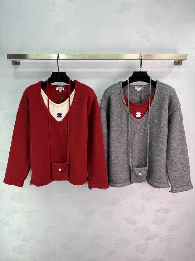 Ch*25 Autumn/Winter New Style Faux Two-Piece Knit Sweater. Features a color-bloc