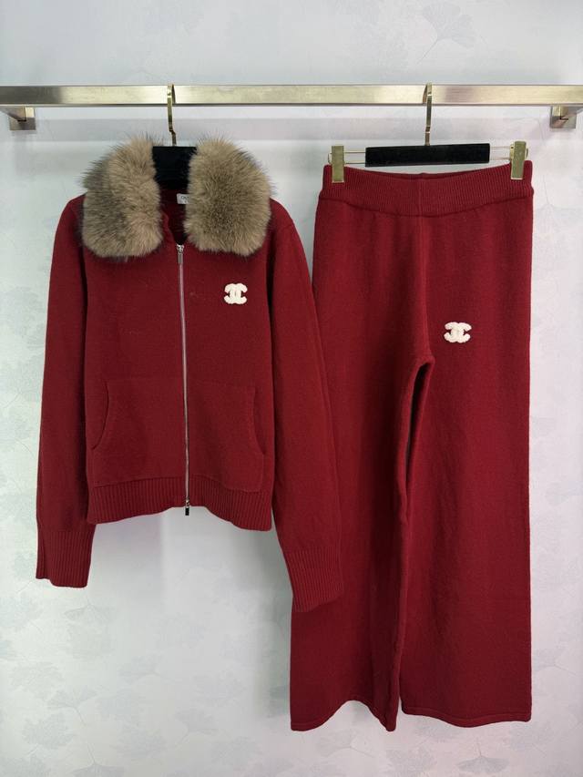 Ch*25 Autumn/Winter New Red Knit Set: Hooded Jacket and Trousers Jacket with Det