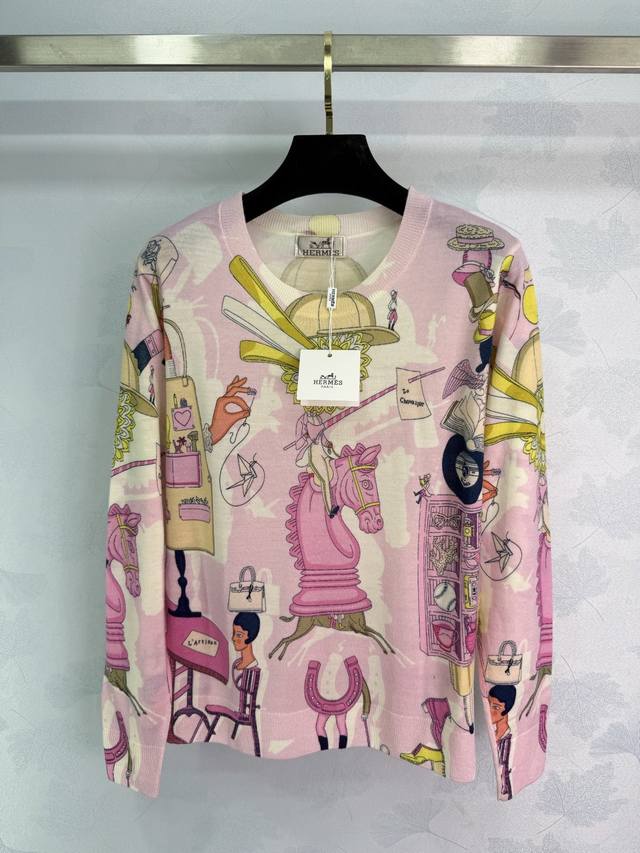 He*26 Early Spring New Pink Printed Knit Sweater, made of soft wool for super co