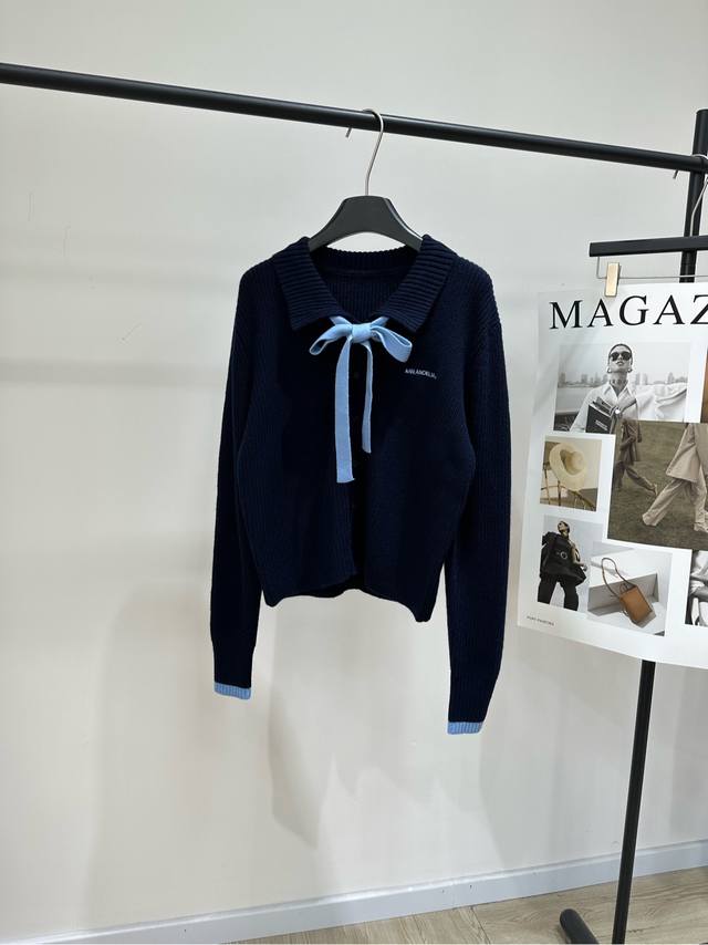 Ann Navy Blue Tie-Neck Knit Cardigan, Fabric: 50% Wool Blend, Color: Navy Blue.