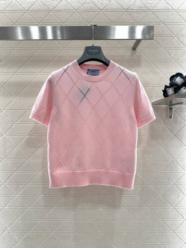 prad*2026 New Arrival Diamond Pattern Knit Short-Sleeve T-Shirt. Made with custo