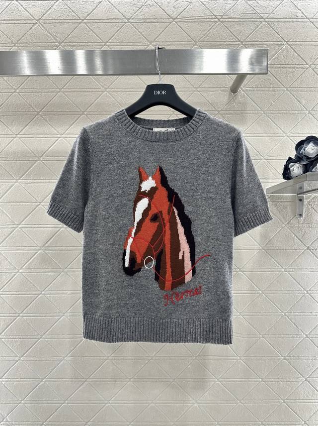 Herme*2026 New Arrival Lunar New Year Jacquard Horsehead Knit Short-Sleeve Sweat