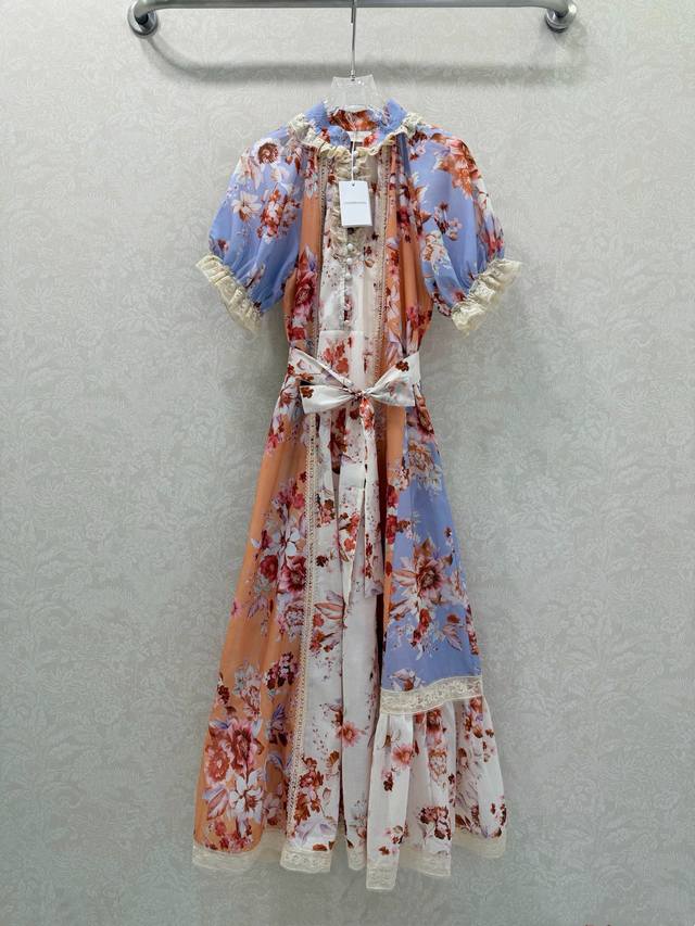 Zimmerm*25 New Puff Sleeve Floral Color Block Dress. The neckline, cuffs, and fr