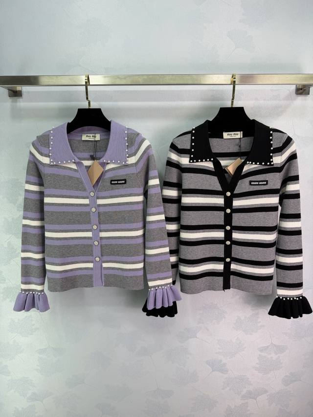 Miu*26 Early Spring New Striped Knit Cardigan, pearl buttons + flared sleeves, r