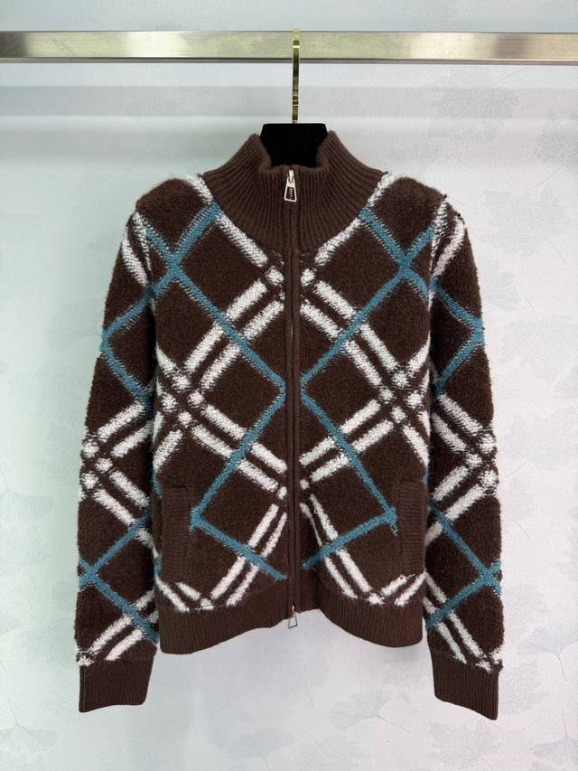 Miumi*2025 Autumn/Winter New Plaid Stand Collar Knit Cardigan! Made with custom