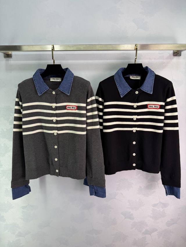 Miu*26 Early Spring New Korean Style Denim Patchwork Striped Knit Cardigan, Faux