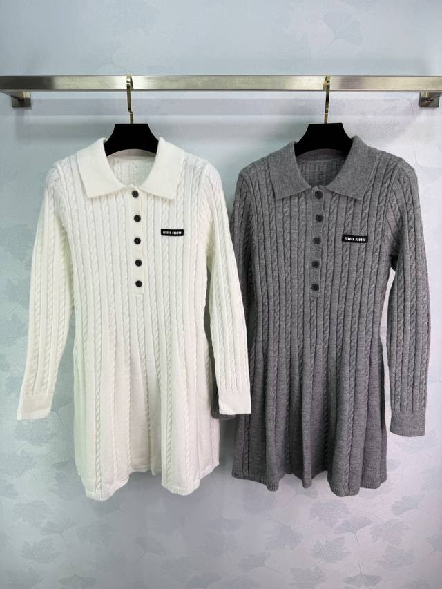Miu*26 Early Spring New Arrival Preppy Style Knitted Dress, Polo Collar + Black