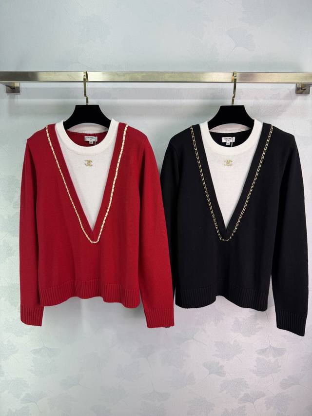 Ch* 2026 Early Spring New Style Faux Two-Piece Deep V Chain Knit Pullover Long-S