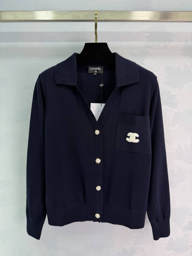 Ch* 2026 Early Spring New Navy Blue Knit Cardigan, made of soft wool blend mater
