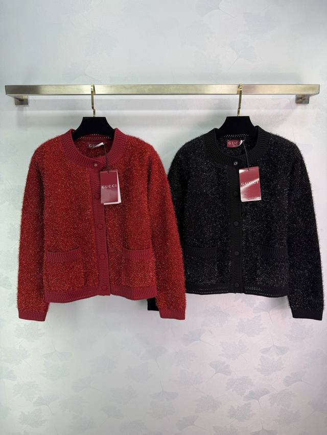 Gucc*2026 Early Spring New Sparkling Silver Thread Round Neck Knit Cardigan. Cus