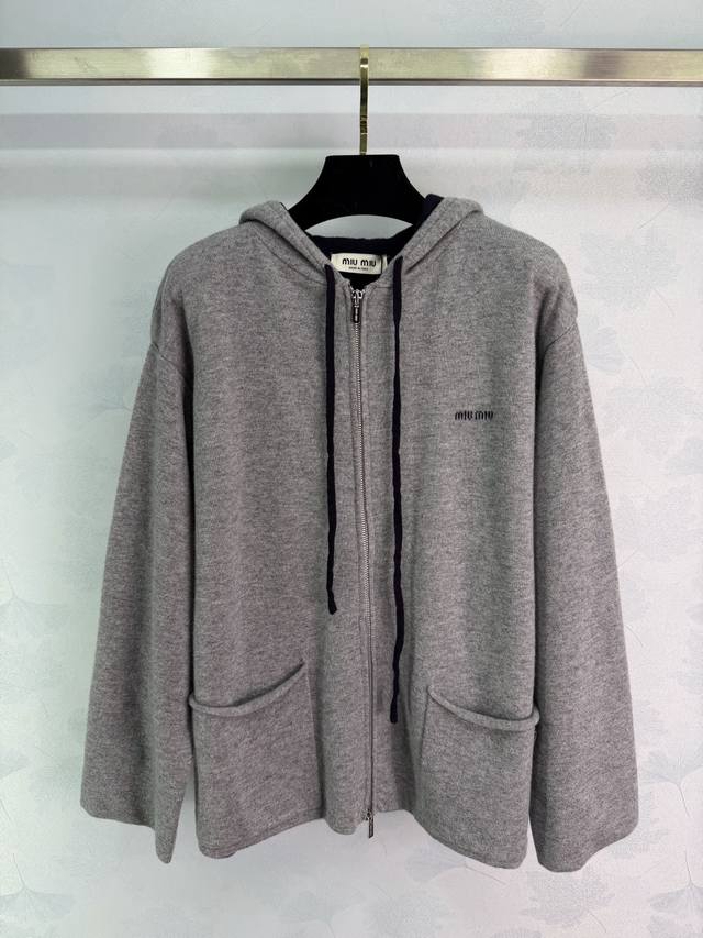 Miumi*2026 Early Spring New Hooded Letter Mid-Length Coat, Custom Yb Cashmere Kn