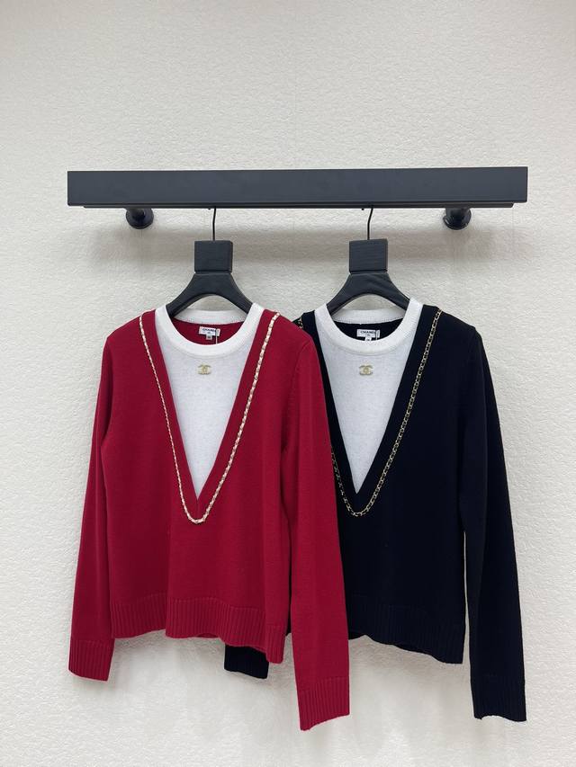 Chane*26 Early Spring New Style Faux Two-Piece Deep V Chain Knit Pullover Long-S