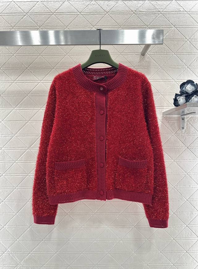 Gucc*2026 New Arrival Sparkling Silver Thread Crew Neck Knit Cardigan Custom Yb
