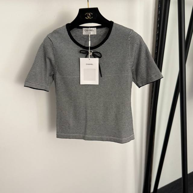 Style No. 20259280 Chanel* New Bow-Tie Striped Short-Sleeve Knit T-Shirt, Black