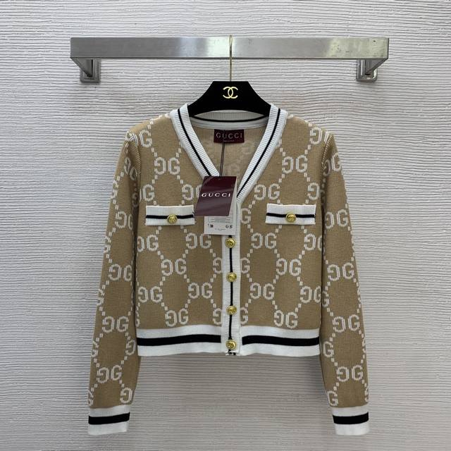 Cardigan Gucc* New Diamond Pattern Gg Letter Jacquard Color Block Striped Short