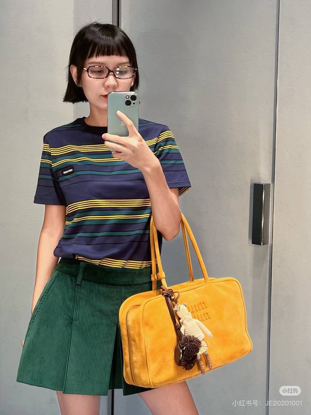 Miumi*U 2026 Spring/Summer New High-Quality Cotton Color-Blocked Striped Short-