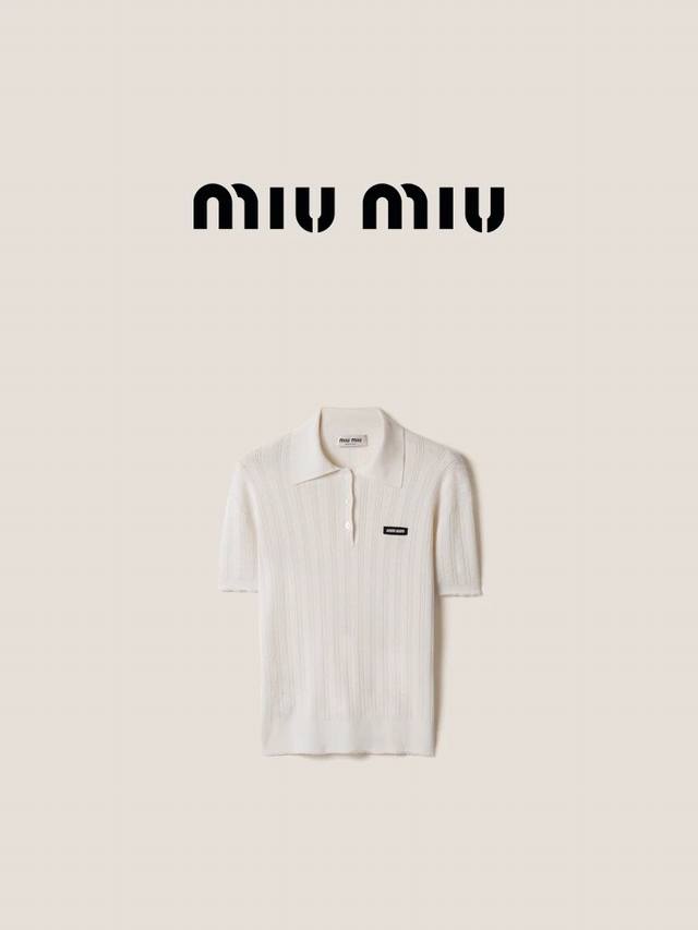 Miumi* New style short-sleeved knit top with small logo decoration on the chest,