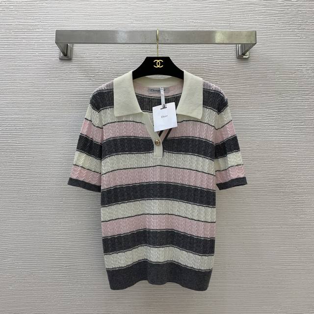 Dio* New Color Block Cable Knit Striped Polo Collar Short-Sleeve Knit Top! Pink,