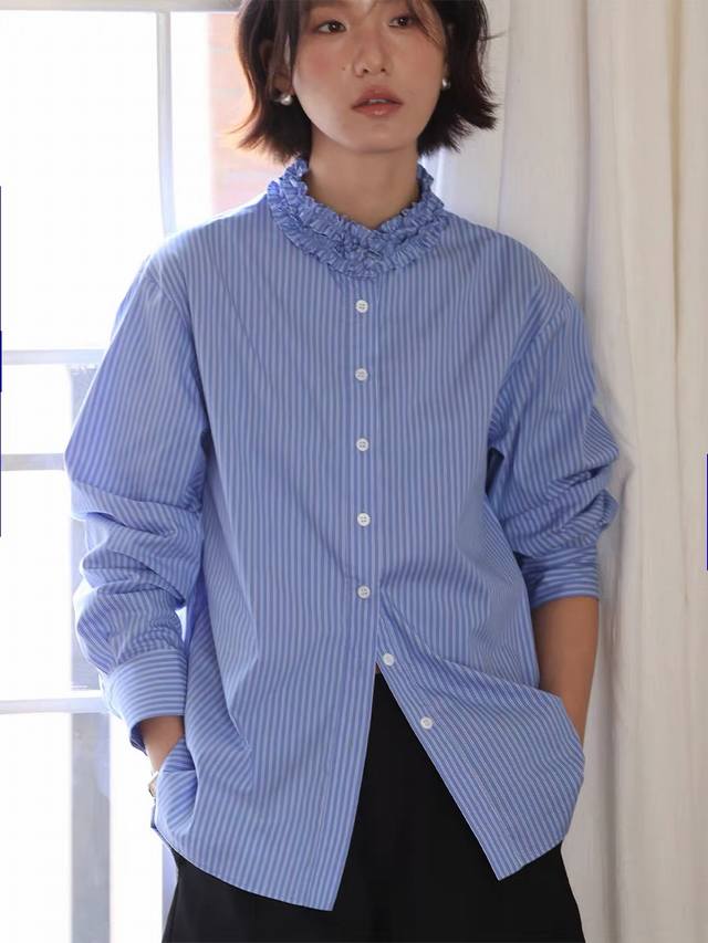 French retro design, elegant and slimming blue striped shirt, available in thre