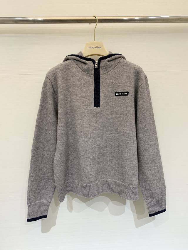 Miumi* 2025 Autumn/Winter New Color Block Ribbed Half-Drawstring Hooded Knit Lon