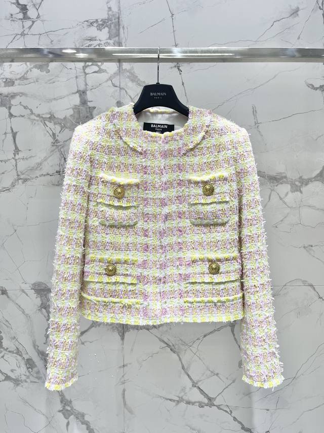 Balmain Style Colorful Plaid Tassel Gold Button Tweed Coat Look at this colorfu