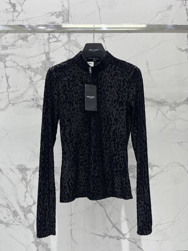 Saint Family 26 Early Spring Half-High Neck Leopard Print Velvet Slim Fit Top Le
