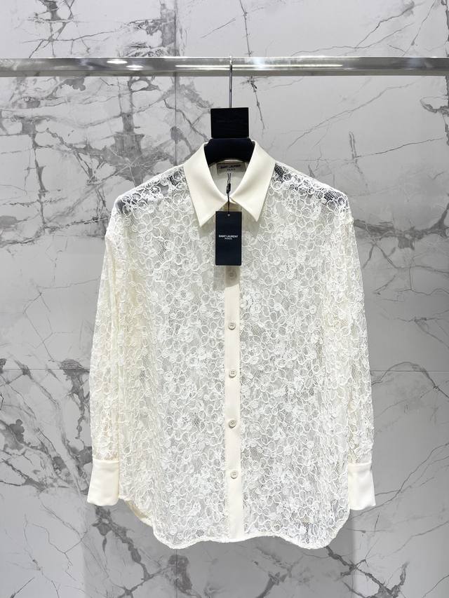 Saint Laurent Lace Crochet Sequined Lapel Single-Breasted Long-Sleeve Shirt This