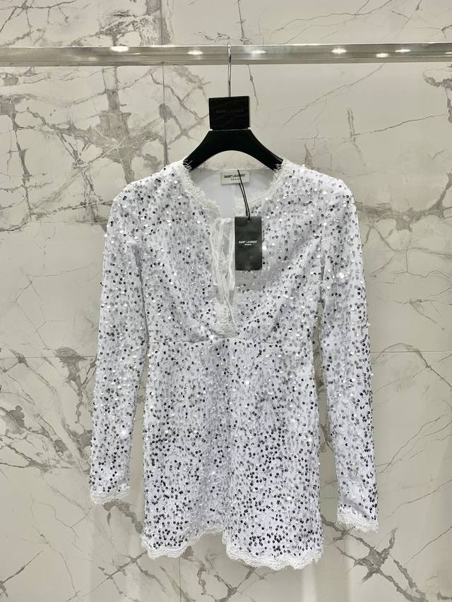 New Saint Laurent Sequined Lace Collar Dress Sequin Design! Tiny sequins adorn