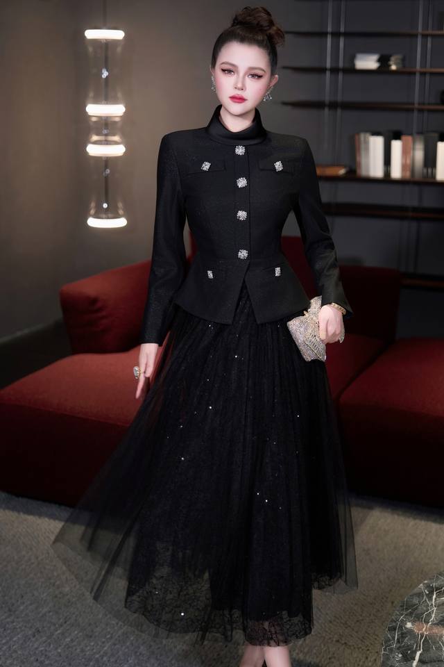 Early Spring New Arrival, Faux Two-Piece Dress, Stand Collar with Rhinestone Bu