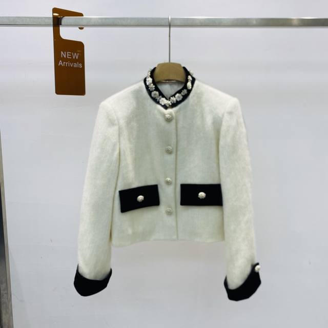 New Luxury Heavy-Duty Beaded Collar Color Block Single-Breasted Rhinestone Fur S