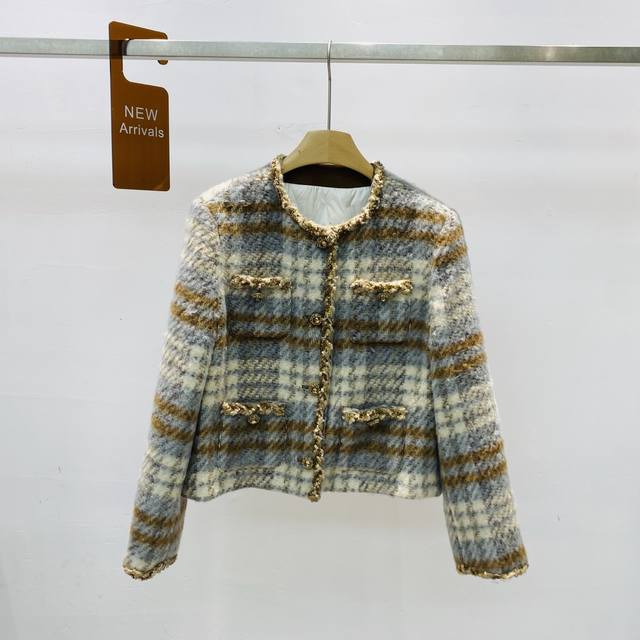 New French Retro Chanel Style Round Neck Plaid Single-Breasted Warm Down Jacket