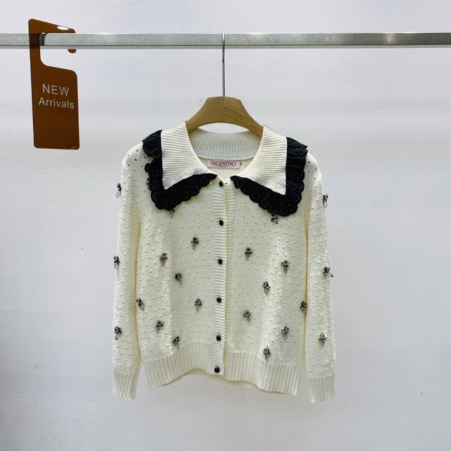 New Elegant Valentino Style Peter Pan Collar Hollow Out Knit Long Sleeve Cardiga