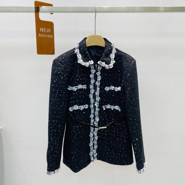 New Heavy-Duty Black Camellia Rhinestone Lapel Design Tweed Glitter Cardigan Jac